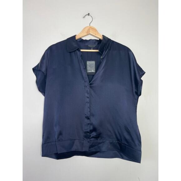 NEW ATM Silk Charmeuse Short Sleeve Camp Shirt in Blue Ink Size: Large - Picture 2 of 10